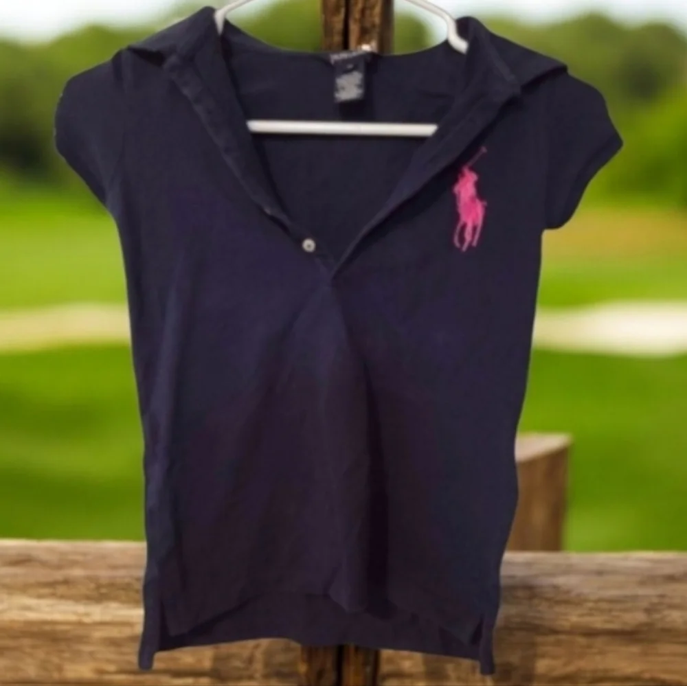 Ralph Lauren Navy Blue Polo Shirt With Pink Polo Horse Size Medium Kids
